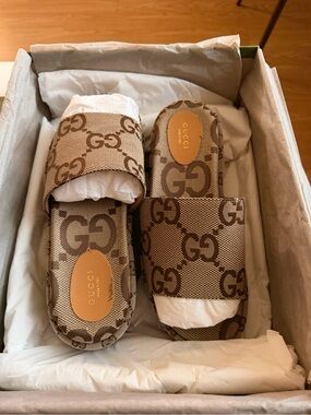 Gucci Beige Brown GG Canvas Slide Sandals